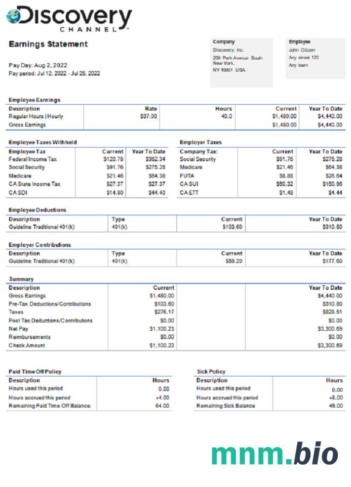 USA Discovery Inc. firma rozrywkowa pay stub